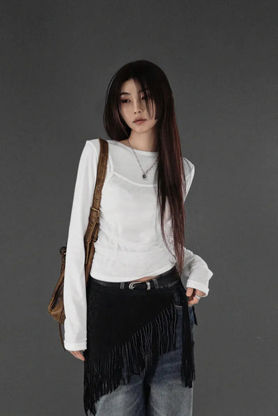 NELL MESH DOUBLE LAYERED SHIRRING LONG SLEEVE TEE