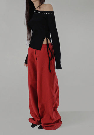 Heel Studded Off Unbalneck Slit Strap Long-Sleeve Knit Shirt
