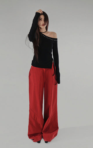 Heel Studded Off Unbalneck Slit Strap Long-Sleeve Knit Shirt