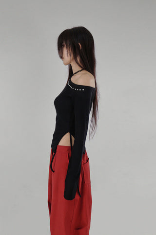 Heel Studded Off Unbalneck Slit Strap Long-Sleeve Knit Shirt