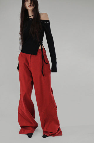 Heel Studded Off Unbalneck Slit Strap Long-Sleeve Knit Shirt