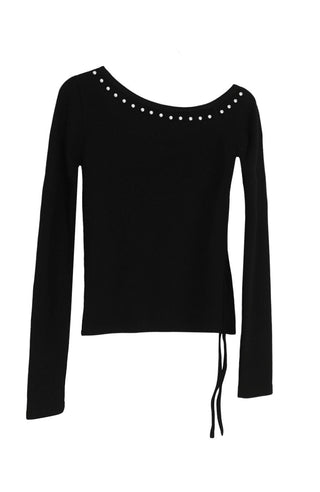 Heel Studded Off Unbalneck Slit Strap Long-Sleeve Knit Shirt