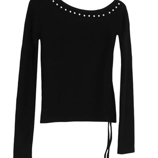 Heel Studded Off Unbalneck Slit Strap Long-Sleeve Knit Shirt