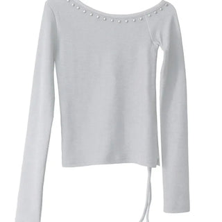 Heel Studded Off Unbalneck Slit Strap Long-Sleeve Knit Shirt