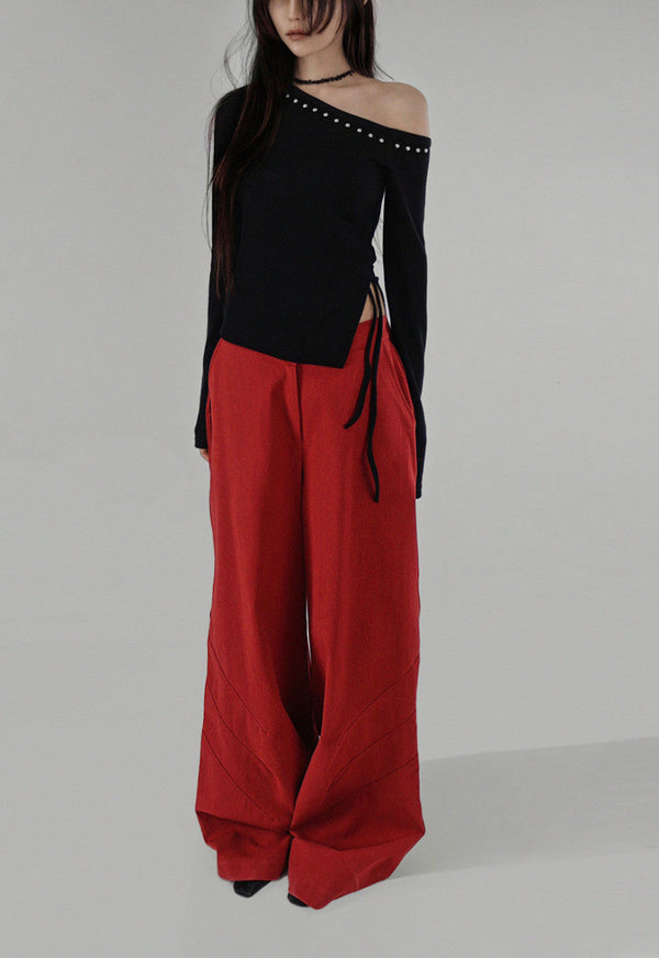 Heel Studded Off Unbalneck Slit Strap Long-Sleeve Knit Shirt