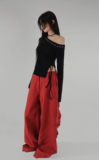 Heel Studded Off Unbalneck Slit Strap Long-Sleeve Knit Shirt
