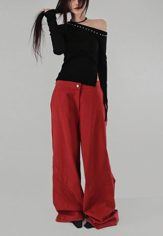 Heel Studded Off Unbalneck Slit Strap Long-Sleeve Knit Shirt