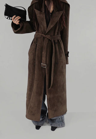 SUEDE DOUBLE TRENCH BELT LONG COAT