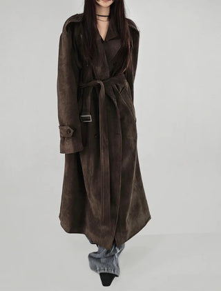 SUEDE DOUBLE TRENCH BELT LONG COAT