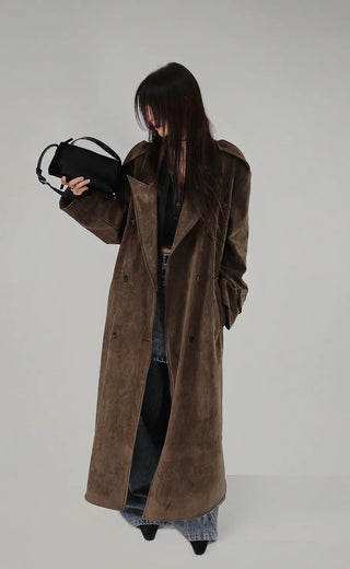 SUEDE DOUBLE TRENCH BELT LONG COAT