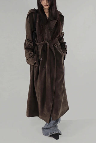 SUEDE DOUBLE TRENCH BELT LONG COAT