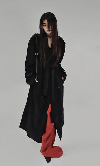 SUEDE DOUBLE TRENCH BELT LONG COAT