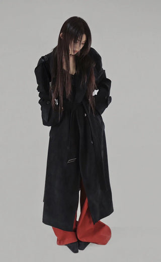 SUEDE DOUBLE TRENCH BELT LONG COAT