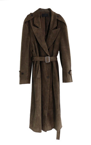 SUEDE DOUBLE TRENCH BELT LONG COAT