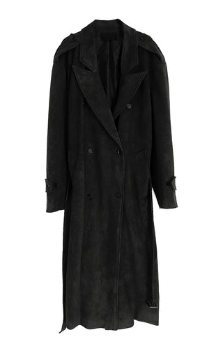 SUEDE DOUBLE TRENCH BELT LONG COAT