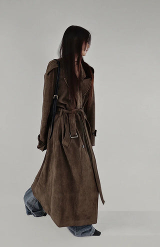 SUEDE DOUBLE TRENCH BELT LONG COAT