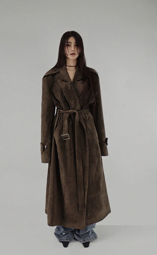 SUEDE DOUBLE TRENCH BELT LONG COAT