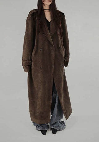 SUEDE DOUBLE TRENCH BELT LONG COAT
