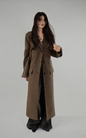 HERRINGBONE TWILL WOOL LONG COAT