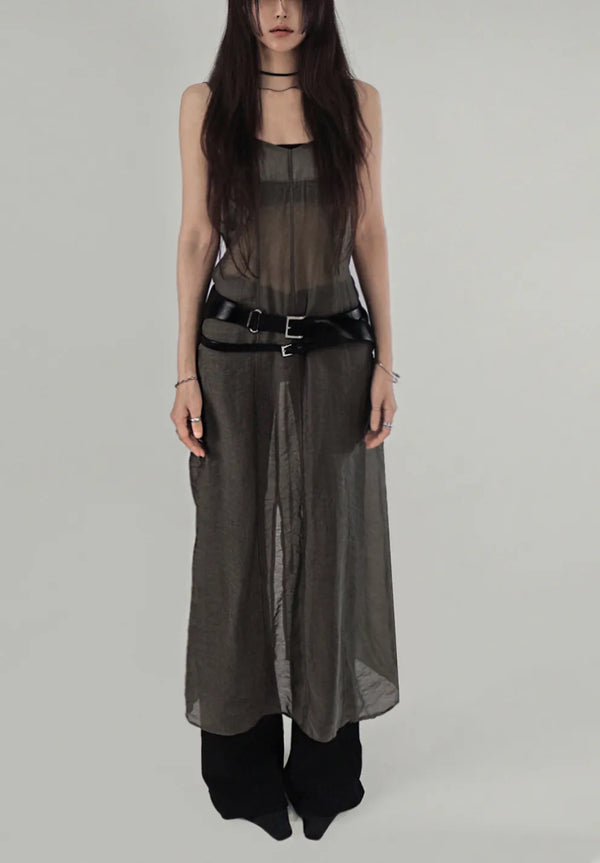 DRESSY STRAP LAYERED SEE-THROUGH BUSTIER LONG DRESS