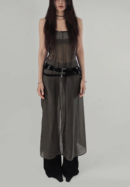 DRESSY STRAP LAYERED SEE-THROUGH BUSTIER LONG DRESS