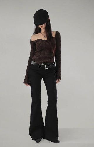 NEWNEW SHIRRING LOW-RISE SPAN REAL BOOTCUT PANTS