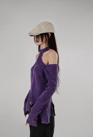 CHAC CUT-OUT HIGH-NECK UNBAL SLIT TWO-WAY KNIT ZIP-UP Knit Zip-Up