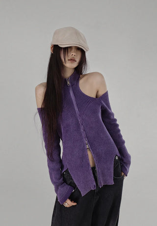 CHAC CUT-OUT HIGH-NECK UNBAL SLIT TWO-WAY KNIT ZIP-UP Knit Zip-Up