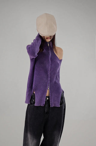 CHAC CUT-OUT HIGH-NECK UNBAL SLIT TWO-WAY KNIT ZIP-UP Knit Zip-Up