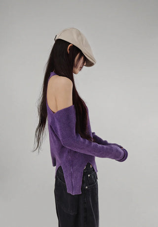 CHAC CUT-OUT HIGH-NECK UNBAL SLIT TWO-WAY KNIT ZIP-UP Knit Zip-Up