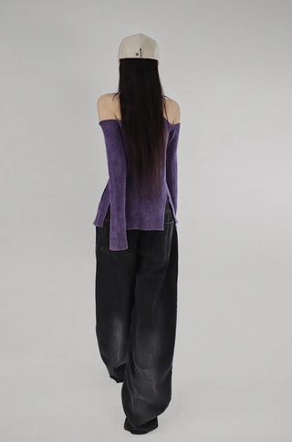 CHAC CUT-OUT HIGH-NECK UNBAL SLIT TWO-WAY KNIT ZIP-UP Knit Zip-Up