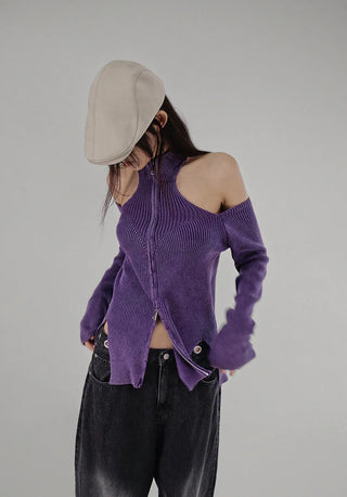 CHAC CUT-OUT HIGH-NECK UNBAL SLIT TWO-WAY KNIT ZIP-UP Knit Zip-Up