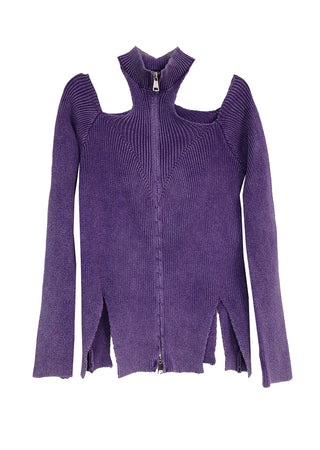 CHAC CUT-OUT HIGH-NECK UNBAL SLIT TWO-WAY KNIT ZIP-UP Knit Zip-Up