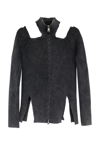 CHAC CUT-OUT HIGH-NECK UNBAL SLIT TWO-WAY KNIT ZIP-UP Knit Zip-Up