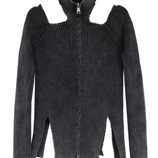 CHAC CUT-OUT HIGH-NECK UNBAL SLIT TWO-WAY KNIT ZIP-UP Knit Zip-Up