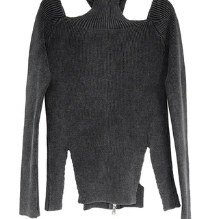 CHAC CUT-OUT HIGH-NECK UNBAL SLIT TWO-WAY KNIT ZIP-UP Knit Zip-Up