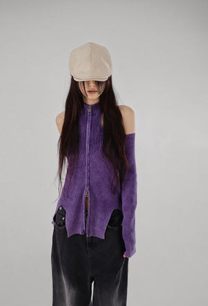 CHAC CUT-OUT HIGH-NECK UNBAL SLIT TWO-WAY KNIT ZIP-UP Knit Zip-Up