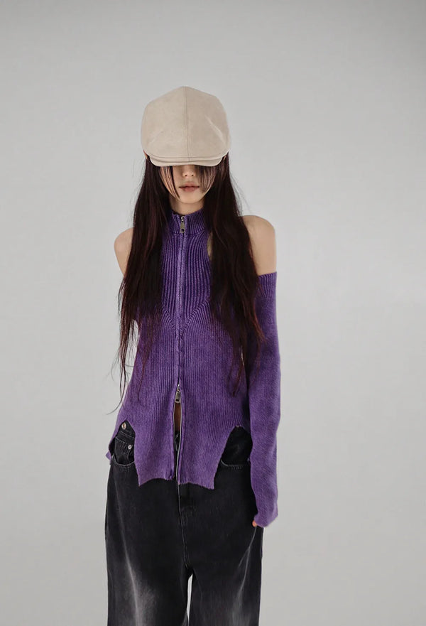 CHAC CUT-OUT HIGH-NECK UNBAL SLIT TWO-WAY KNIT ZIP-UP Knit Zip-Up