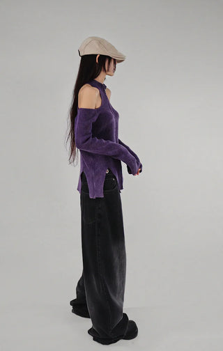 CHAC CUT-OUT HIGH-NECK UNBAL SLIT TWO-WAY KNIT ZIP-UP Knit Zip-Up