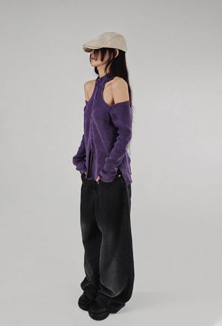 CHAC CUT-OUT HIGH-NECK UNBAL SLIT TWO-WAY KNIT ZIP-UP Knit Zip-Up
