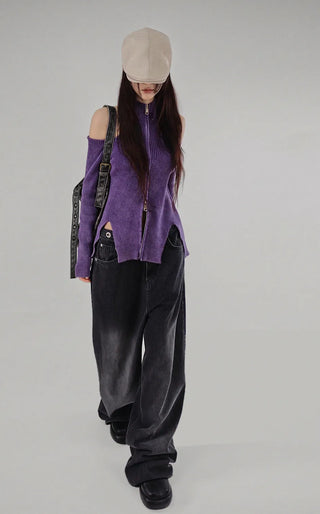 CHAC CUT-OUT HIGH-NECK UNBAL SLIT TWO-WAY KNIT ZIP-UP Knit Zip-Up