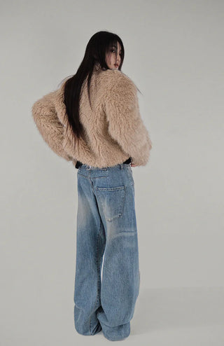Y BLACK HAIR WIDE NECK SLIT BUTTON FUR CARDIGAN