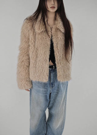 Y BLACK HAIR WIDE NECK SLIT BUTTON FUR CARDIGAN