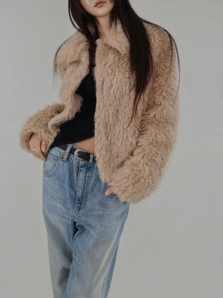 Y BLACK HAIR WIDE NECK SLIT BUTTON FUR CARDIGAN