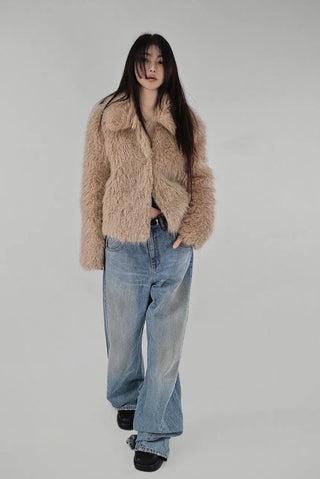 Y BLACK HAIR WIDE NECK SLIT BUTTON FUR CARDIGAN