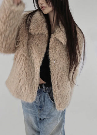 Y BLACK HAIR WIDE NECK SLIT BUTTON FUR CARDIGAN