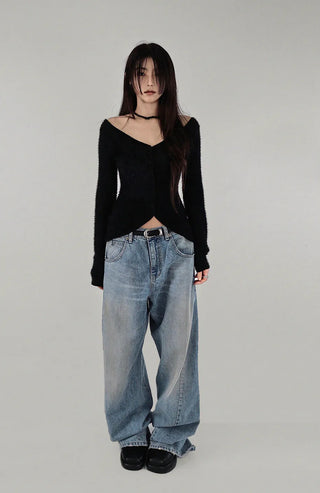 Y BLACK HAIR WIDE NECK SLIT BUTTON FUR CARDIGAN