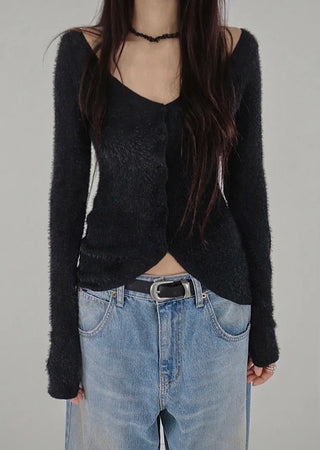 Y BLACK HAIR WIDE NECK SLIT BUTTON FUR CARDIGAN