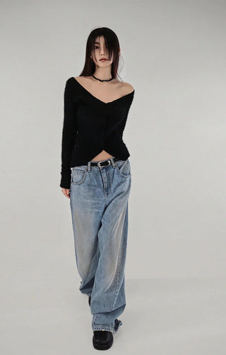 Y BLACK HAIR WIDE NECK SLIT BUTTON FUR CARDIGAN