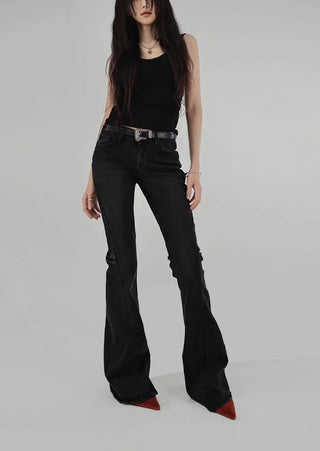 BLACK EDGE DOUBLE CURVE SLIT SHADOW BOOTCUT JEANS